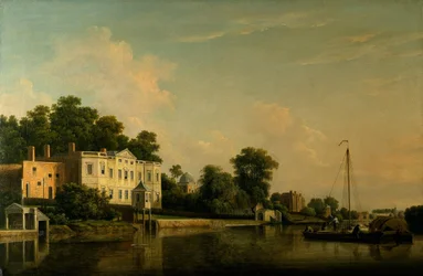 En vy över Alexander Popes villa, Twickenham, vid Themsens strand.