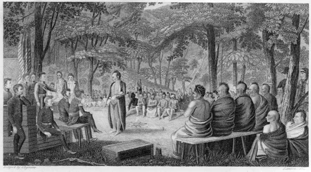 Major Long håller ett råd med Oto (Missouri) indianerna, graverad av Lawson, 1819