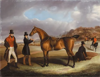 Lord George Bentinck med sin favoritjägare och brudgummar i ett landskap med en jakt bortom