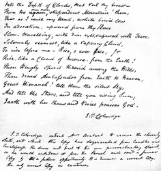 Sista raderna av Coleridges dikt Hymn before Sunrise in the Vale of Chamouni, skriven med poeternas egen handstil och skickad i ett brev till Mrs Brabant of Devizes, 1815