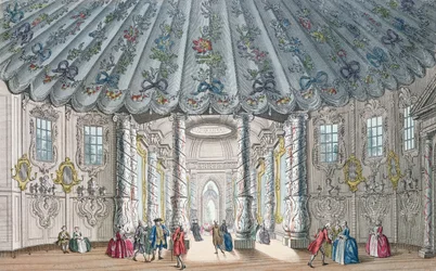 Interiörvy av det eleganta musikrummet i Vauxhall Gardens, graverad av H. Roberts, 1752 (handfärgad gravyr)