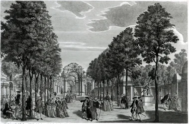 Triumfbågarna, Händels staty i Vauxhall Gardens södra promenadstråk, graverad av John S. Muller (handkolorerad etsning och gravyr)