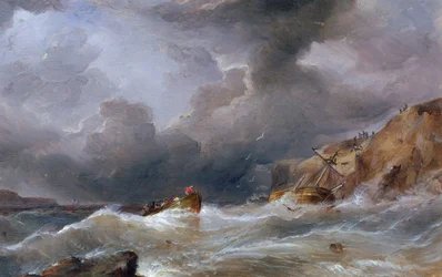 En båt sjunker på en klippig kust, med livbåten full av överlevande. Olja på duk av Samuel Walters (1811-1882).