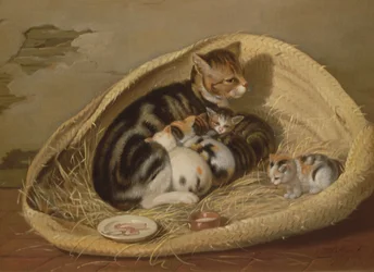 Katt med sina kattungar i en korg, 1797