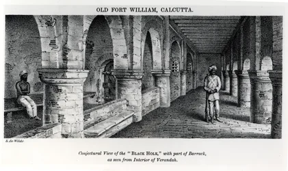 Gamla Fort William, Calcutta, med en förmodad vy av det "svarta hålet", med en del av baracken, sett från verandans inre
