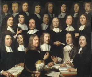 Gruppporträtt av myntmästarna i Dordrecht (Portrait de groupe des maitres et des officers de la monnaie de Dordrecht) - Peinture de Samuel Dirksz van Hoogstraten (1627-1678) - 1674 - Olja på duk - 139,5x166 - Dordrechts Museum