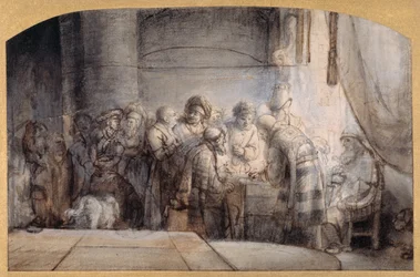 Judas tar emot de trettio silverbitarna, ca 1640 (penna och bläck över röd krita över tvätt på papper)