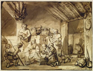 The Adoration of the Shepherds (penna och bläck tvättas över svart krita på papper)