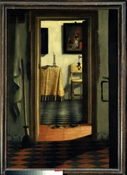 Tofflorna. En interiör i ett hus i Holland - Målning av Samuel Hoogstraten (1626-1678), flamländsk skola, 1600-talet, 1,03 x 0,70 m, Paris, Musée du Louvre
