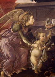 Madonna och barn med tre änglar (Madonna del Padiglione), detalj av ängeln med Kristus