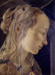 Altartavla av Saint-Ambroise (Saint Ambroise) eller Retable des Convers. Detalj av Saint Catherine of Alexandria. Målning av Alessandro di Mariano dei Filipepi känd som Sandro Botticelli (1445-1510). tempera på duk