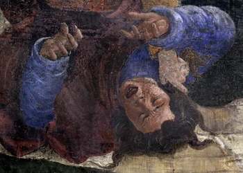 Berättelsen om Moses liv. Detalj: egyptier under Moses svärd. Målning av Alessandro di Mariano dei Filipepi känd som Sandro Botticelli (1445-1510). Fresk
