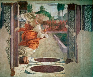 Bebådelsens ängel. Fresk av Alessandro di Mariano dei Filipepi dit Sandro Botticelli (1445-1510). 1481 Sön. 245x535 cm Florens, Uffizigalleriet (Kontor)