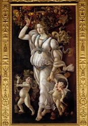 Höst eller allegori mot missbruk av vin. En ung kvinna bär en korg full av frukt, som representerar överflöd, på huvudet och drar två berusade små barn i handen (Bacchus). Målning av Alessandro di Mariano dei Filipepi, kallad Sandro Botticelli (1445-15
