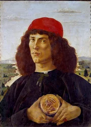 Porträtt av en okänd man som håller medaljen av Cosimo de Medicis (Cosimo de Medici). Målning av Alessandro di Mariano de Philippi av Sandro Botticelli (1445-1510). Tempera på duk, 57,5 ​​x 44 cm