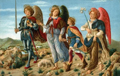 De tre ärkeänglarna och Tobias. Änglarna Rafael, Gabriel och Mikael följer den unge Tobias. Kromolitografi utförd omkring 1900 för ett vykort efter målningen av Sandro Botticelli (1445-1510).