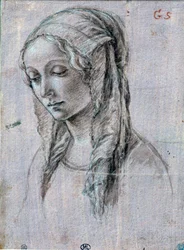 Ung kvinnas huvud”” Penselteckning och vita flikar attribut till Alessandro di Mariano dei Filipepi dit Sandro Botticelli (1445-1510) 1400-talets Paris, Louvren