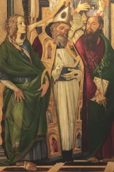 Altartavla, huvudpanel: tronande madonna, fyra änglar och helgon
