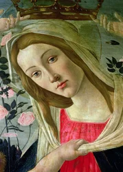 Madonna och barn krönt av änglar, detalj av Madonnaoljan på panelen