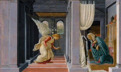 Bebådelsen, ca 1485 (tempera och guld på trä)