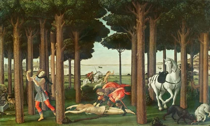 Den eftersökta kvinnans urtagning: Scen II i berättelsen om Nastagio degli Onesti, ca 1483 (tempera på panel)