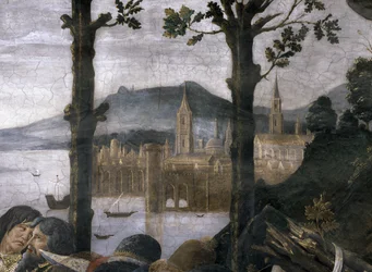 Reningen av den spetälske och Kristi frestelse, i Sixtinska kapellet: detalj av en imaginär hamnstad i ett landskap, fresk från 1481
