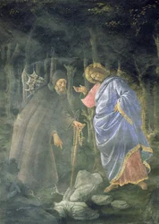 Reningen av den spetälske och Kristi frestelse, i Sixtinska kapellet: detalj av djävulen som utmanar Jesus att förvandla stenar till bröd, fresk från 1481