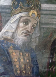 Reningen av den spetälske och Kristi frestelse, i Sixtinska kapellet: detalj av prästens huvud, fresk från 1481