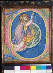 Historikert initial "O" som visar Gud som skapar stjärnorna