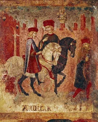 Detalj skatteinspektörer. Trämålning av Sano di Pietro (1406-1481) som dekorerar en Biccherna (omslaget till Sienas bokföringsregister) 1400-talet. Siena Archivio di Stato, Italien