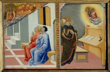 Saint Augustine of Hippo detalj av "" Scen av Saint Hieronymus: uppenbarelse av Sankt Hieronymus och Sankt Johannes Döparen för Sankt Augustinus av Hippo och Sankt Hieronymus till Sulpice Severe och hans följeslagare". Målning på trä av Sano di Pietro (140