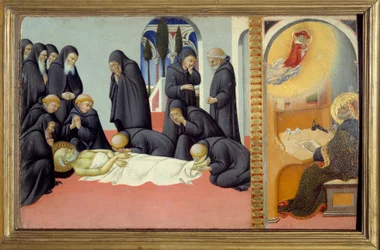 Scen från den helige Hieronymus liv: "" Den helige Hieronymus död och hans uppenbarelse för den helige Augustinus"" Målning på trä av Sano di Pietro (1406-1481) Sön. 0,23x0,37 m