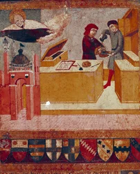Kamerlingvisten tvättar symboliskt sina händer medan den välvilliga och beskyddande Jungfrun flyger över staden Siena Detail. Trämålning av Sano di Pietro (1406-1481) som dekorerar en Biccherna (omslaget till Sienas bokföringsregister) 1451.