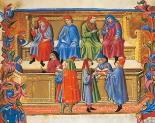Handelstribunalens miniatyr från köpmännens stadgar av Sano di Pietro (1472), Italien 1400-talet.