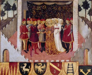 Bröllopsceremoni för ett par av adeln i staden Siena Målning av Sano di Pietro (1406-1481) som dekorerar en Biccherna (omslaget till räkenskapsregistret för staden Siena) 1473. Siena Archivio di Stato, Italien