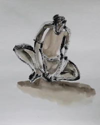 En eftertänksam, hukande figur