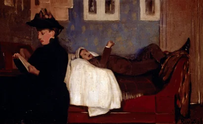 Verkstaden i Paris. Karaktärsskiktet är troligen Miguel Utrillo (1862-1934). Målning av Santiago Rusinol y (i) Prats (1861-1931)