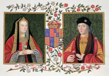 Dubbelporträtt av Elizabeth av York (1465-1503) och Henrik VII (1457-1509), hållande Yorks vita ros och Lancasters röda ros, ur ”Memoarer från drottning Elizabeths hov”, utgiven 182