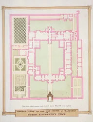 Grundplan för det gamla huset i Hatfield på drottning Elizabeths tid från "Memoirs of the Court of Queen Elizabeth", publicerad 1825 (wc och gouache på papper)