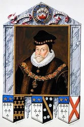 Porträtt av Edward Fiennes de Clinton (1512-85) 1:e jarl av Lincoln från "Memoirs of the Court of Queen Elizabeth", publicerad 1825 (akvarell och gouache på papper)