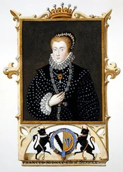 Porträtt av Frances Sidney (d.c.1589) grevinna av Sussex från "Memoirs of the Court of Queen Elizabeth" efter ett porträtt av Stephen van der Meulen (1632-1690), publicerat 1825 (akvarell och gouache på papper)