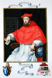 Porträtt av Reginald Pole (1500-58) ärkebiskop av Canterbury och legat av Viterbo från "Memoirs from the Court of Queen Elizabeth", publicerad 1825 (akvarell och gouache på papper)