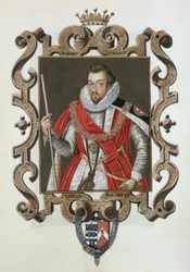 Porträtt av Robert Cecil (1563-1612) 1:e jarl av Salisbury från "Memoirs of the Court of Queen Elizabeth", publicerad 1825 (wc och gouache på papper)