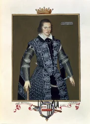 Porträtt av Robert Devereux (1566-1601) 2nd Earl of Essex från Memoirs of the Court of Queen Elizabeth efter oljan av Sir William Segar (fl.1913-d.1633) publicerad 1825 (wc och gouache på papper)