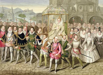 Drottning Elisabet I i procession med sina hovmän (omkring 1600), ur «Memoirs of the Court of Queen Elizabeth», efter en oljemålning tillskriven Robert Peake (omkring 1592-1667) på Sherborne Castle, utgiven 18