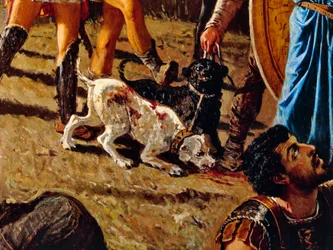 Hundar på slagfältet, detalj från Marius triumf, målning av Francesco Saverio Altamura (1822-1897), olja på duk, 234x352 cm, Italien