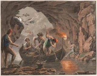 Vattenfärg; Nattfiske vid ingången till en grotta