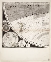 En ny och riktig världskarta (utsnitt), ca 1774 (kolorerad gravyr)