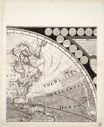 En ny och riktig världskarta (utsnitt), ca 1774 (kolorerad gravyr)