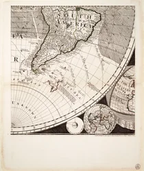 En ny och riktig världskarta (utsnitt), ca 1774 (kolorerad gravyr)
